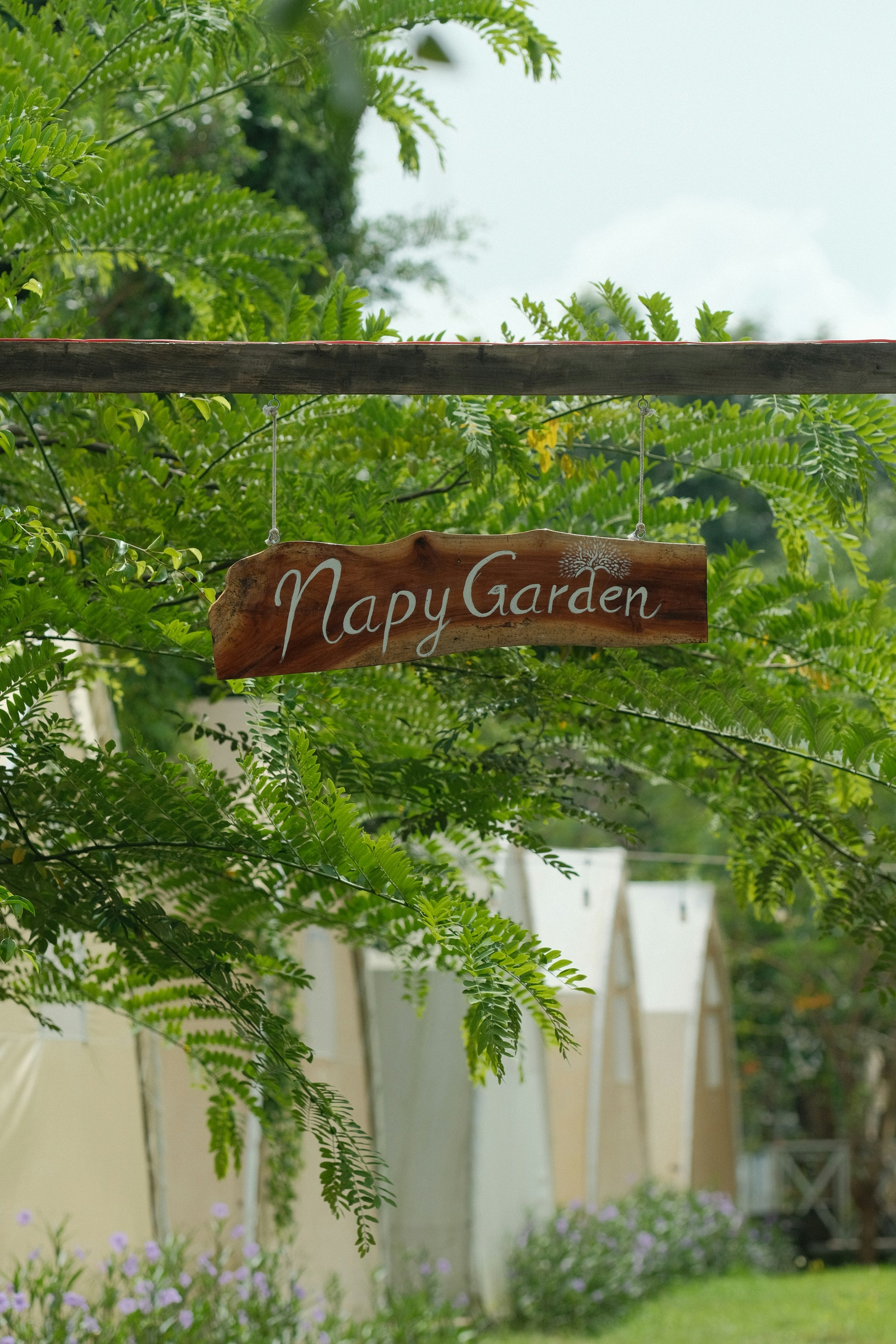 A wooden sign that says happy garden hanging from a tree photo – Free ...