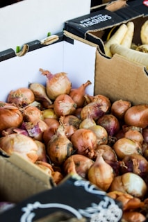 Stacks of neatly packed dehydrated onion products ready for shipment.