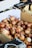 A pile of onions is stacked inside a cardboard box. The onions are brown with hints of purple and have dry, papery skins. In the background, there are more cardboard boxes, one labeled with 'Parsnips' containing white root vegetables.