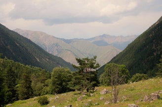 A picturesque mountain landscape with lush greenery and clear skies.