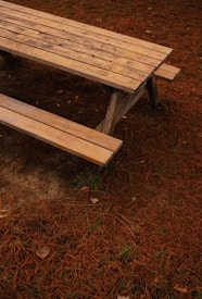 A wooden picnic table situated outdoors on a ground covered with brown pine needles. The table has a rough, natural look with visible grain and knots. The surrounding area has a few scattered leaves and patches of green grass visible through the pine needles.