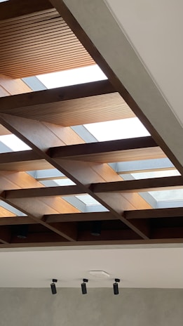 A modern ceiling design featuring a grid of wooden beams with integrated skylights, allowing natural light to enter the room. The wooden beams are contrasted by a smooth grey wall below, equipped with multiple cylindrical ceiling lights.