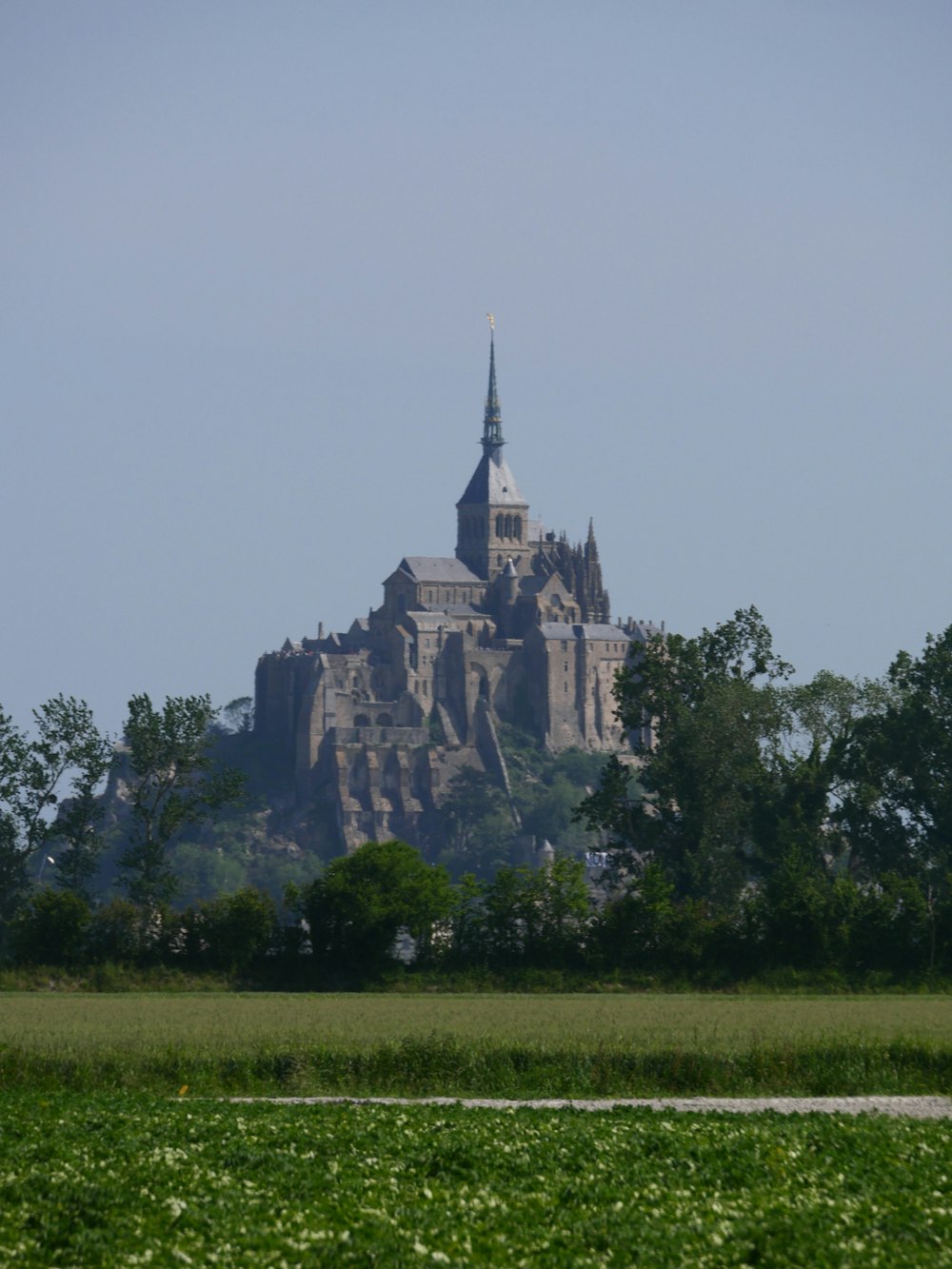 a large castle with a spire on top of a hill