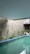 An indoor swimming pool with clear, blue-green water is surrounded by small, potted plants along the perimeter on a light-colored wall. The ceiling is a smooth, muted blue-gray. The poolside features a modern architectural element, including minimalistic design and clean lines.