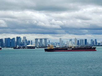 A bustling port in Singapore with cargo ships being loaded under clear skies