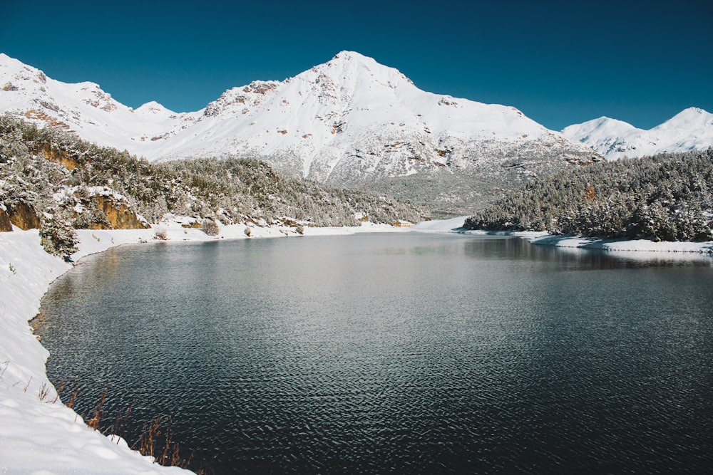 a large body of water surrounded by snow covered mountains