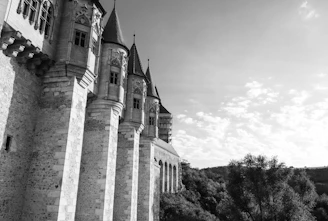 a black and white photo of a castle
