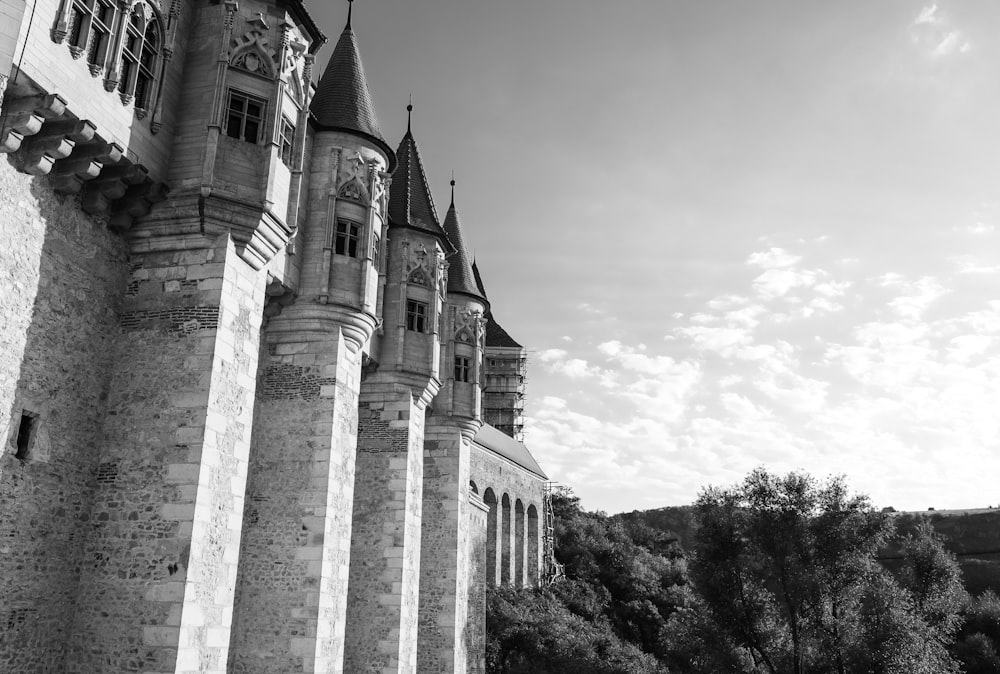 a black and white photo of a castle