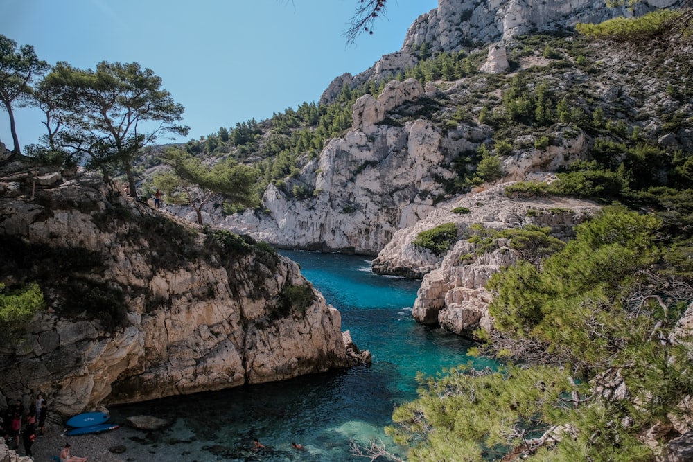 a body of water surrounded by mountains and trees