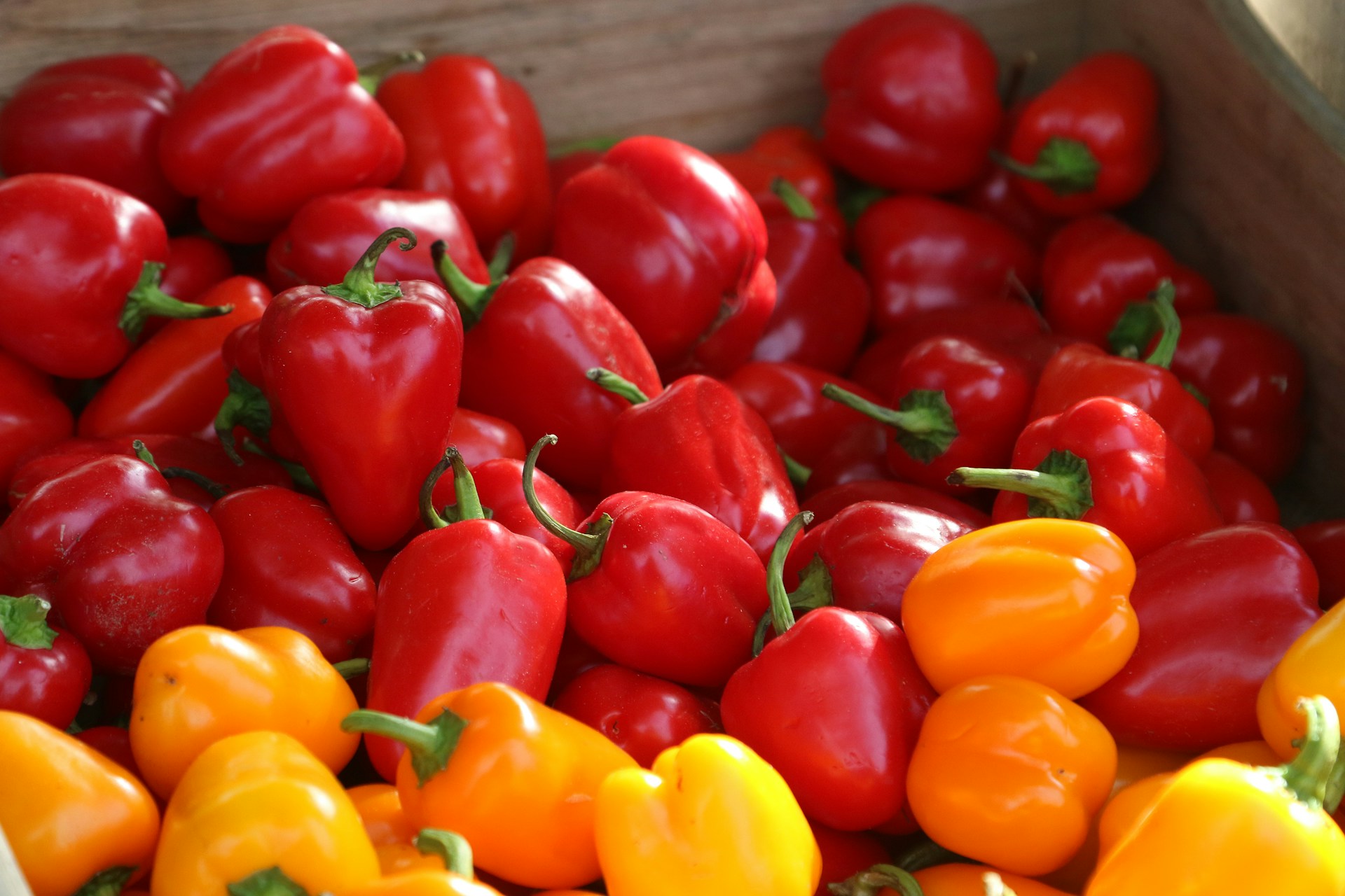a box full of red and yellow peppers