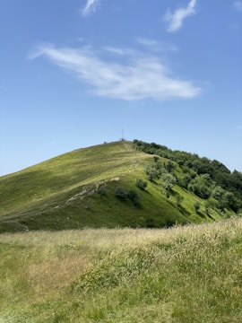 A grassy hill under a bright blue sky with a few clouds. The hill has pathways leading to the top, where a large cross stands surrounded by a few people. Trees line the right side of the hill.