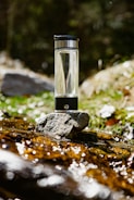 A transparent water bottle with a black cap is placed on a stone by a stream. The background features greenery and blurred foliage, suggesting a natural outdoor setting. Sunlight glistens off the water and the bottle, creating a reflective effect.