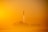 A rocket is launching into the sky, leaving a trail of exhaust against a vibrant yellow-orange backdrop. The image captures the moment of ascent with smoke visible near the ground.