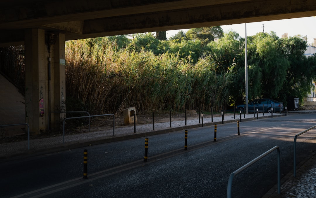 an empty street with a blue truck parked on the side of the road,