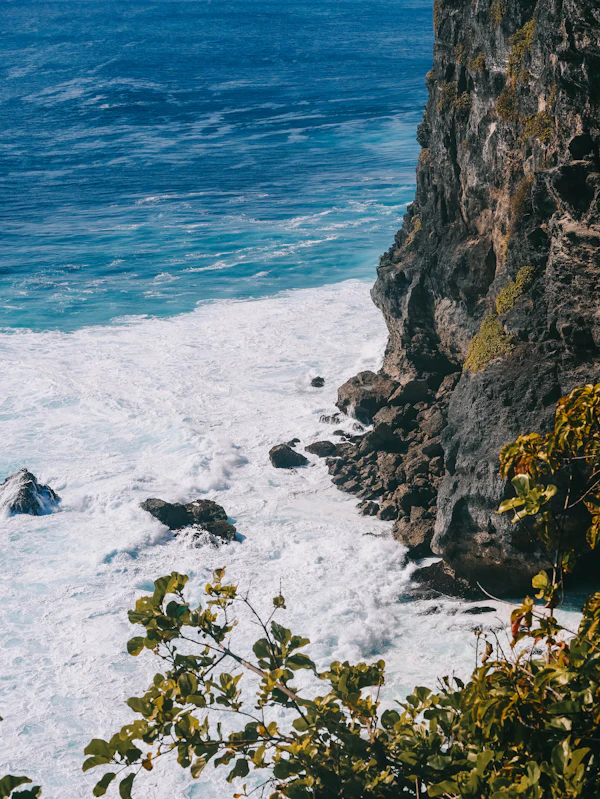 Cliffside vegetation and blue ocean at Uluwatu