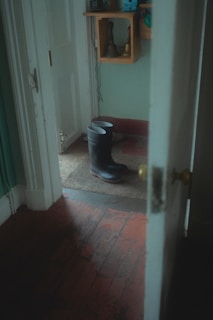 A thickened iron shoe rack holding boots and sneakers in a cozy rental apartment hallway.