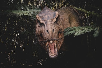 A black Tyrannosaurus rex sitting relaxed on a light-colored hunebed, casually eating a steak.