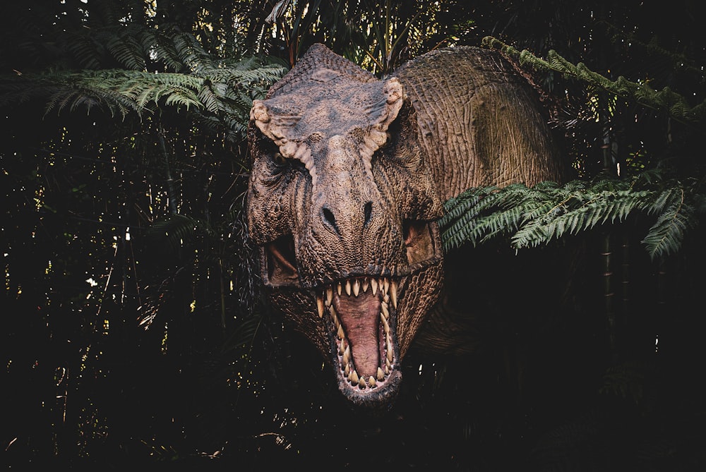 un grand dinosaure avec sa gueule ouverte dans une forêt