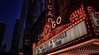 A vibrant marquee with the word 'Chicago' prominently displayed in bright lights. The marquee advertises 'Liz Phair Exile in Guyville 30th Anniversary Tour.' Tall buildings with illuminated windows form the background, suggesting an urban cityscape at night.