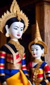 Two traditional statues are depicted, adorned in vibrant cultural attire featuring intricate gold headpieces. Their garments are richly colored in blue, red, and gold, and they wear elaborate jewelry.