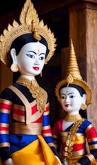 Two traditional statues are depicted, adorned in vibrant cultural attire featuring intricate gold headpieces. Their garments are richly colored in blue, red, and gold, and they wear elaborate jewelry.