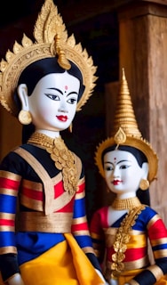 Two traditional statues are depicted, adorned in vibrant cultural attire featuring intricate gold headpieces. Their garments are richly colored in blue, red, and gold, and they wear elaborate jewelry.