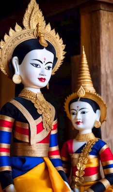 Two traditional statues are depicted, adorned in vibrant cultural attire featuring intricate gold headpieces. Their garments are richly colored in blue, red, and gold, and they wear elaborate jewelry.