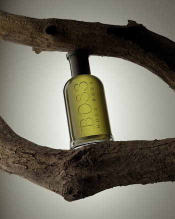 A bottle of Hugo Boss perfume is balanced horizontally between two dark, textured tree branches. The bottle is translucent with a greenish hue, and the branding is clearly visible on its surface. The background is a soft gradient, enhancing the earthy and natural contrast of the setup.