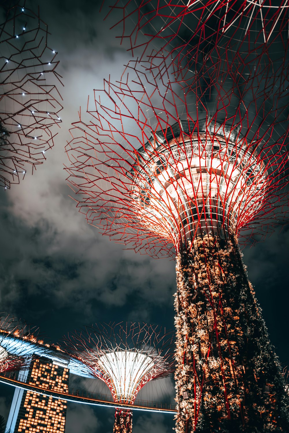 a night view of the gardens by the bay in singapore