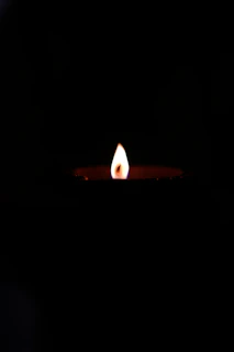 A softly glowing golden candle flame against a deep black background with subtle shimmering accents.