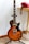 A sunburst electric guitar stands on a tripod stand with a red rotary phone resting on a wooden desk in the background.