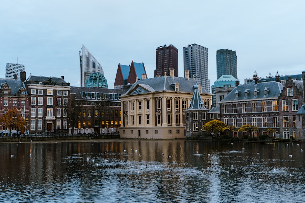 a large body of water surrounded by tall buildings