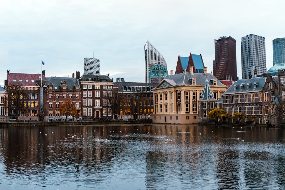 a large body of water surrounded by tall buildings