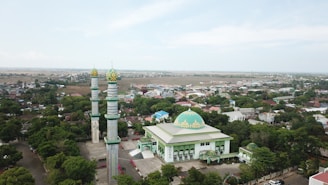 An aerial view of a mosque with two tall minarets featuring intricate green and yellow patterns. The mosque's main building has a large green dome with gold accents. Surrounding the mosque are numerous trees and residential houses, with a vast landscape in the background under a clear sky.