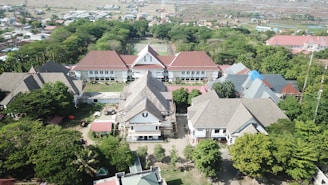 An aerial view captures a complex of buildings with gabled roofs surrounded by lush greenery and trees. The structures are arranged in a U-shape with a central courtyard, and some rooftops are covered with blue and red tiles. Behind the buildings, there are expansive fields and residential areas stretching to the horizon.