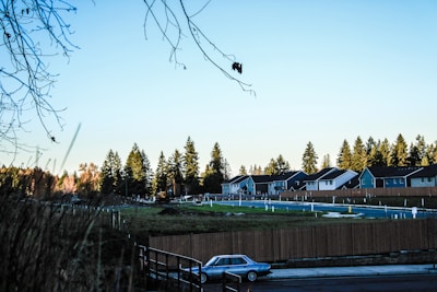 A peaceful suburban neighborhood with rows of houses along a fenced area. Trees line the horizon, creating a picturesque background. A blue classic car is parked near the fence, and there are shadows of bare branches in the foreground, indicating early morning or late afternoon light.