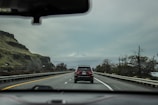 A road trip scene with a view through a car's windshield of a highway. The road is flanked by guardrails and bordered by rocky hills on the left and sparse trees on the right. A car is driving ahead, and a snow-capped mountain stands in the background under an overcast sky.
