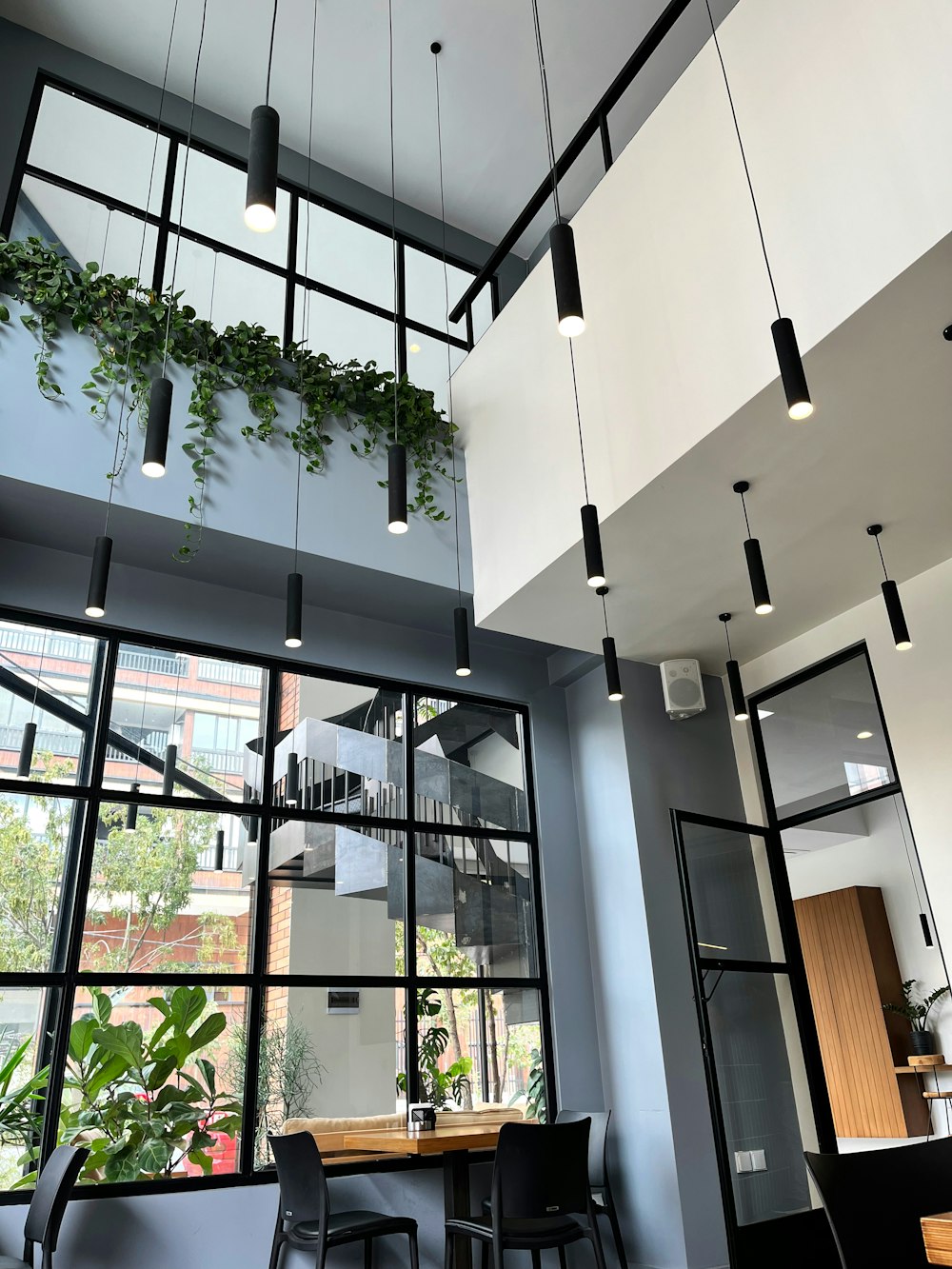 a restaurant with a lot of plants hanging from the ceiling