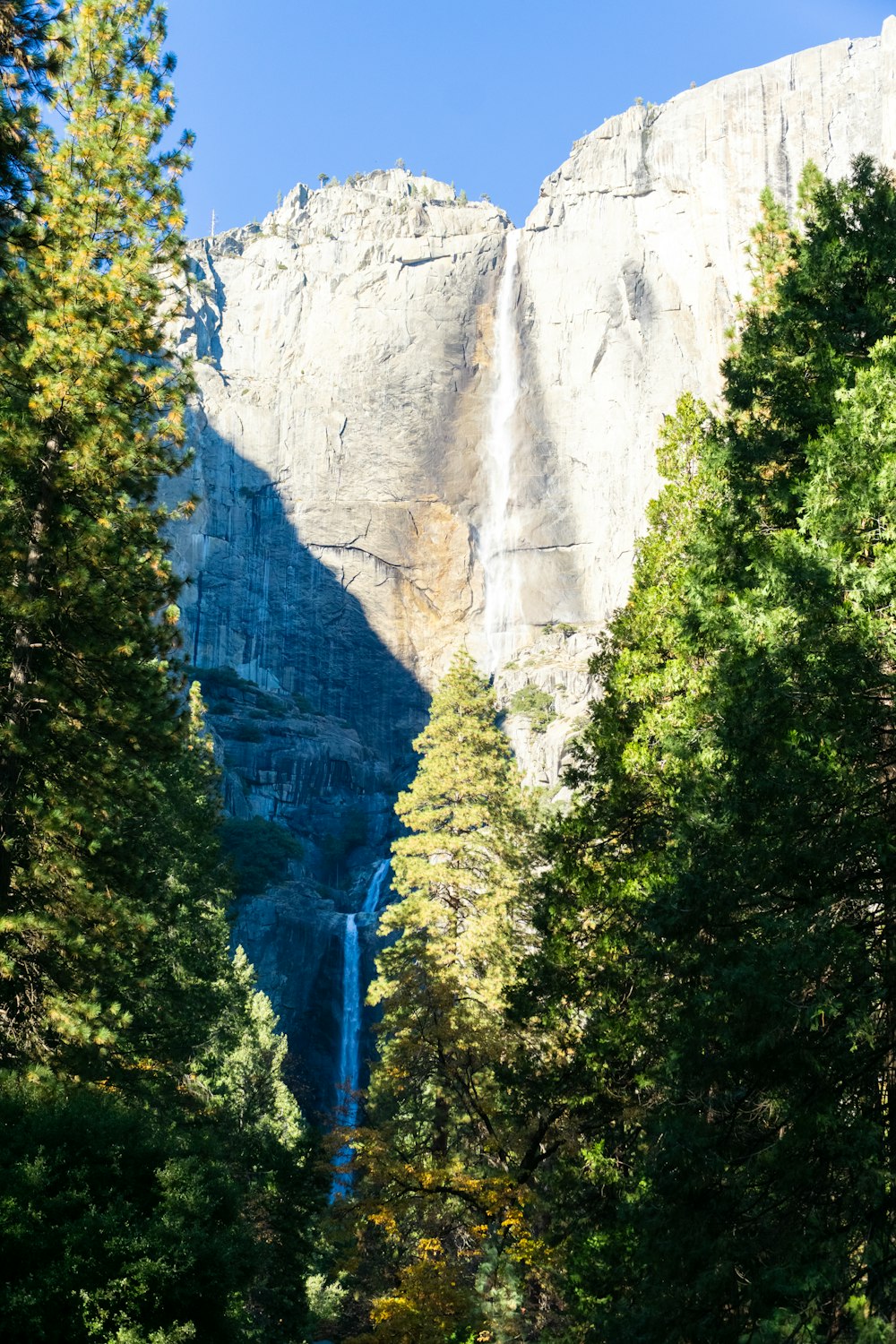 a view of a waterfall through the trees