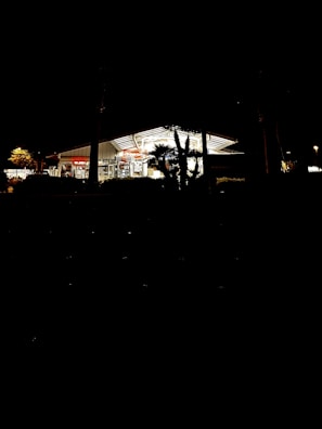 A brightly lit gas station or convenience store is surrounded by darkness. The structure has a modern design with a roof that appears to be slightly angled. Some trees or shrubbery are silhouetted in the foreground.