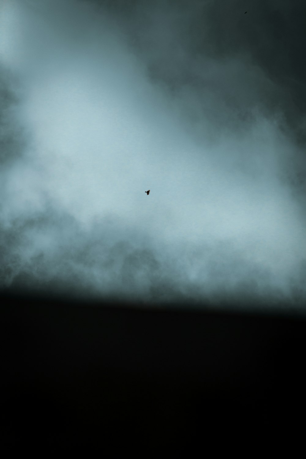 a bird flying through a dark cloudy sky