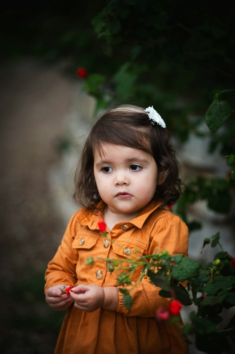 a little girl standing in front of a bush