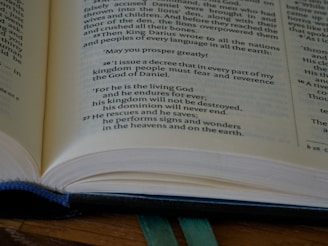 A close-up view of an open book, focusing on a specific passage with bold text. The book appears to be well-used, with a blue fabric cover partially visible underneath. The text includes a decree by a king and mentions God, kingdom, and signs and wonders.