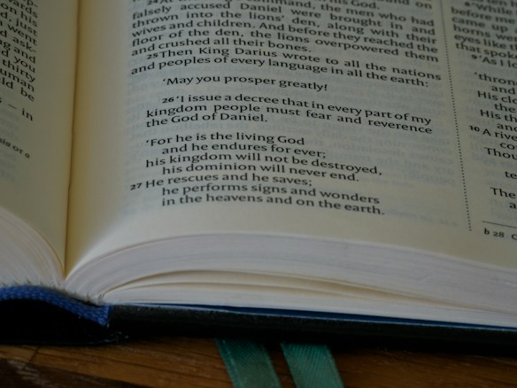 A close-up view of an open book, focusing on a specific passage with bold text. The book appears to be well-used, with a blue fabric cover partially visible underneath. The text includes a decree by a king and mentions God, kingdom, and signs and wonders.