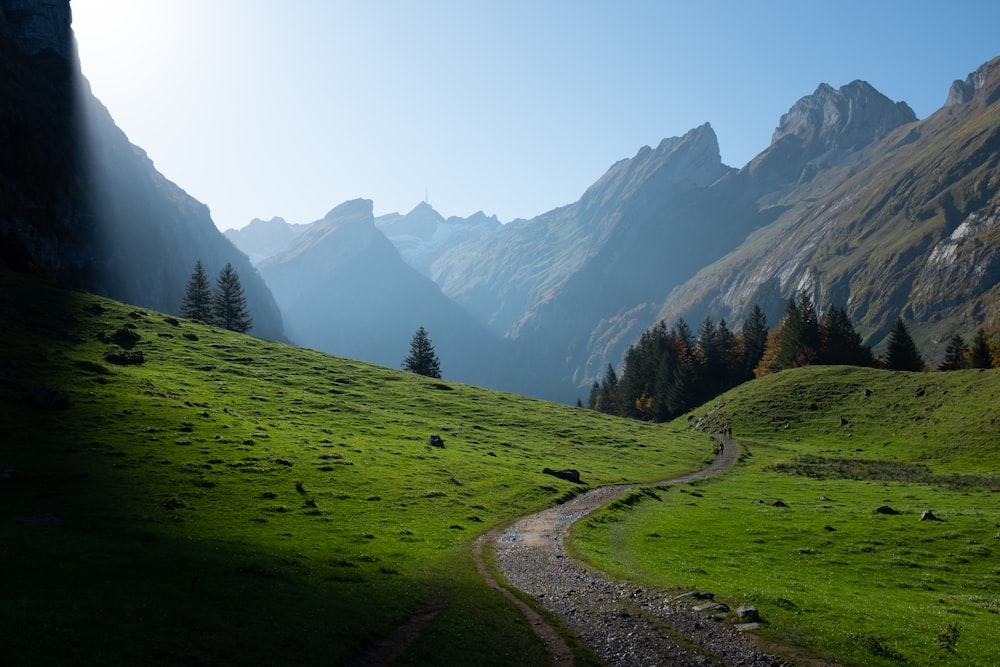 a dirt road going through a lush green valley