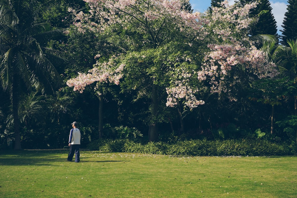 a man standing in the middle of a lush green park