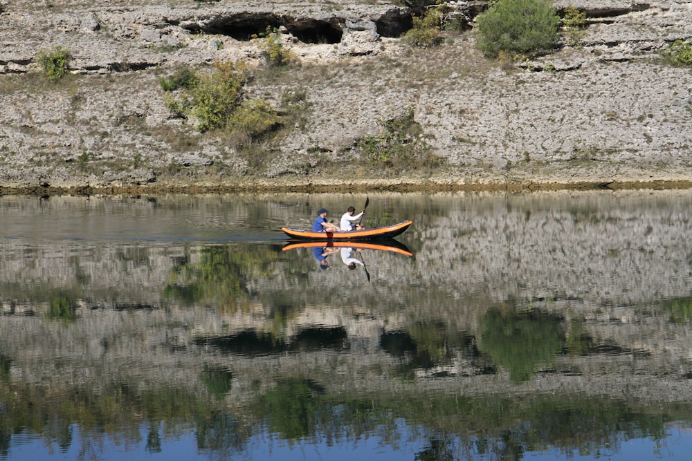 two people in a canoe paddling on the water