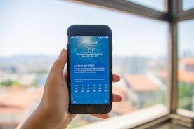 a person holding a cell phone in front of a window