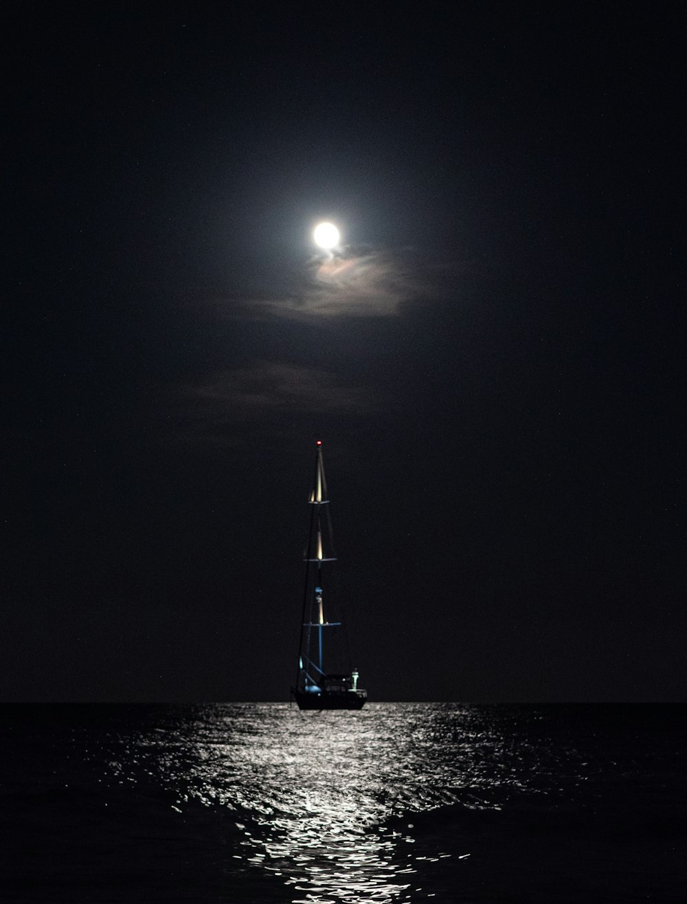 a boat floating on top of a body of water under a full moon