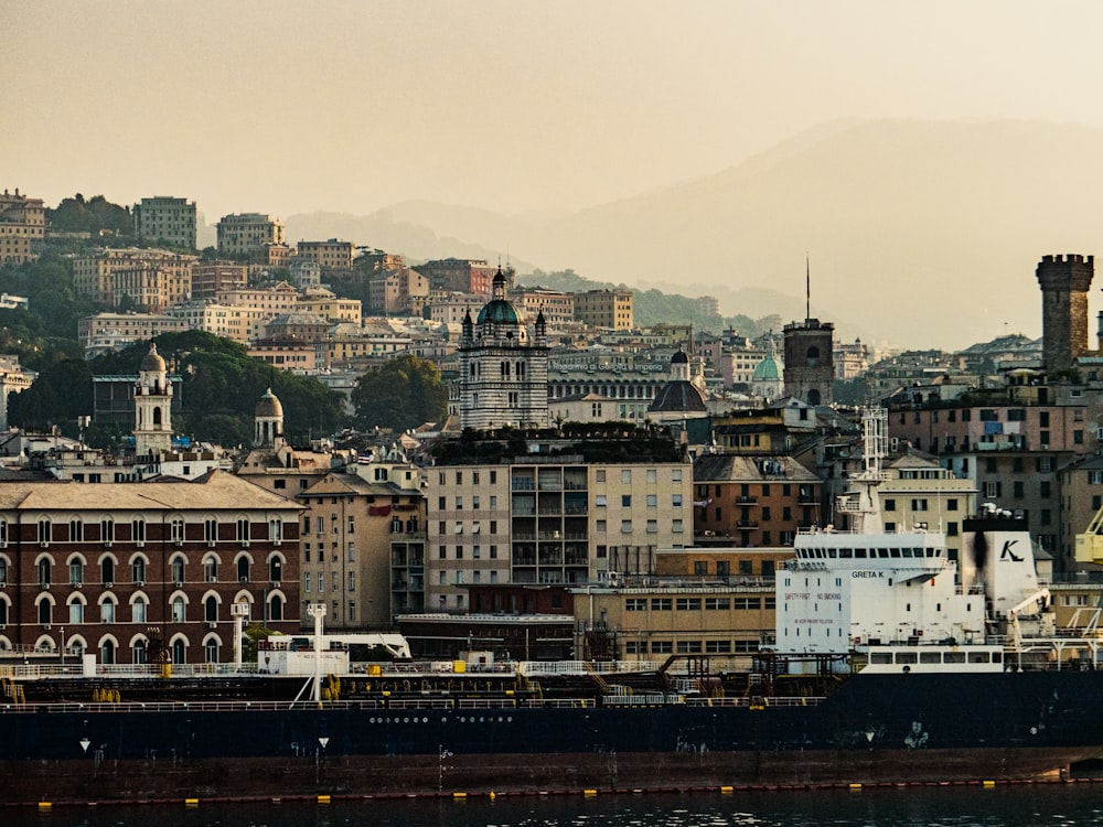 a city with a large boat in the water